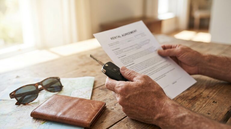 Nuomos sutartis, automobilio raktelis ir akiniai nuo saulės ant stalo