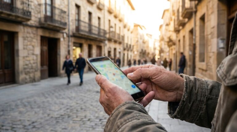 Rankos laiko išmaniąjį telefoną su žemėlapiu senamiečio gatvėje