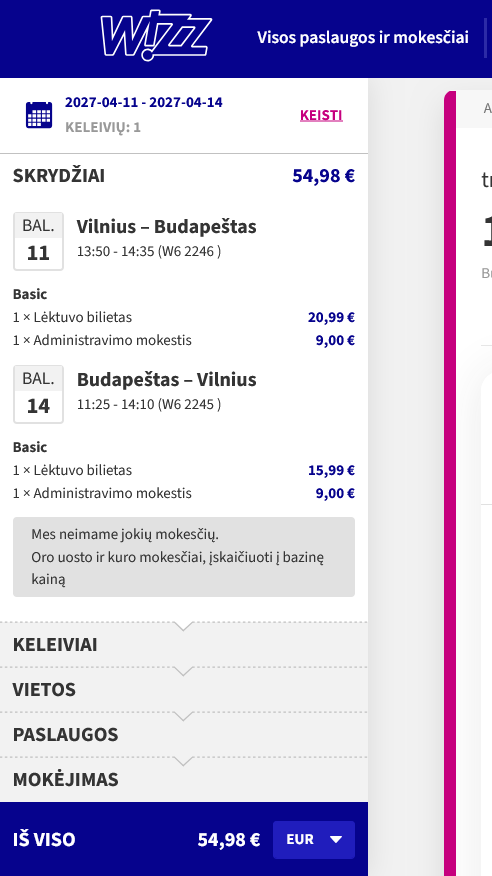 Rezervacijos pavyzdys: Tiesioginiai skrydžiai iš Vilniaus į Budapeštą nuo 55 € (3 naktys, 2027 m. balandį)