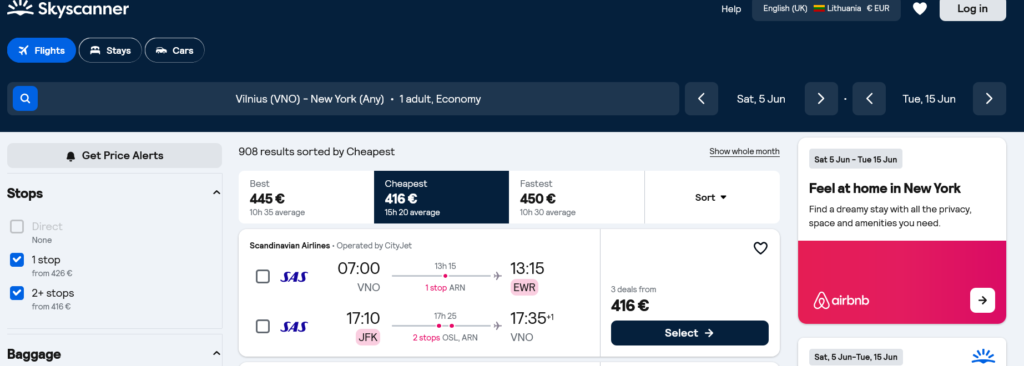 Rezervacijos pavyzdys: Pigūs skrydžiai iš Vilniaus į Niujorką nuo 416 € (2027 m. birželį)