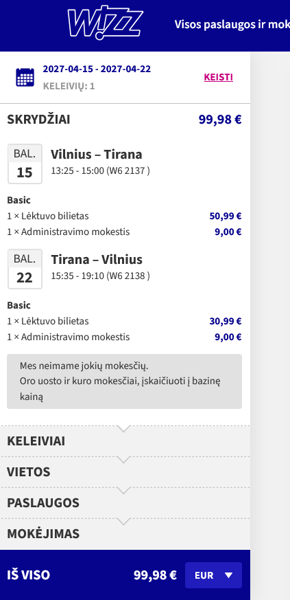 Rezervacijos pavyzdys: Tiesioginiai skrydžiai iš Vilniaus į Tiraną nuo 100 €