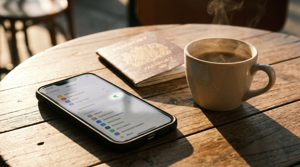 Telefonas ant medinio stalo prie paso ir kavos puodelio, eSIM įdiegimo nustatymai