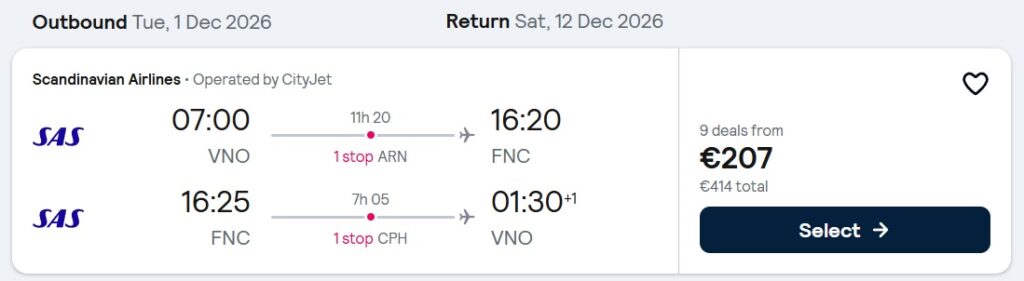 Rezervacijos pavyzdys: Vilnius → Madeira nuo 207 € su SAS
