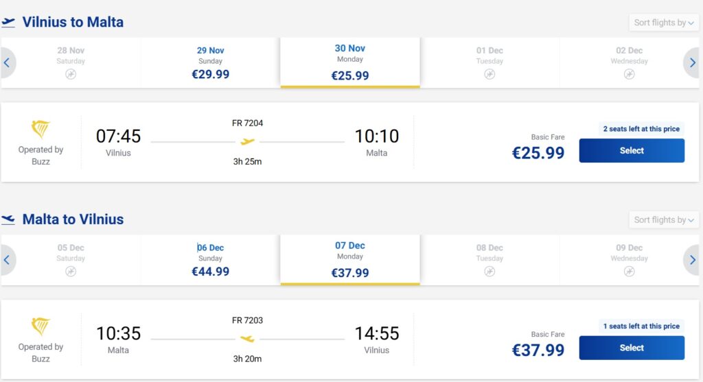 Rezervacijos pavyzdys: Vilnius → Malta  nuo 64 €